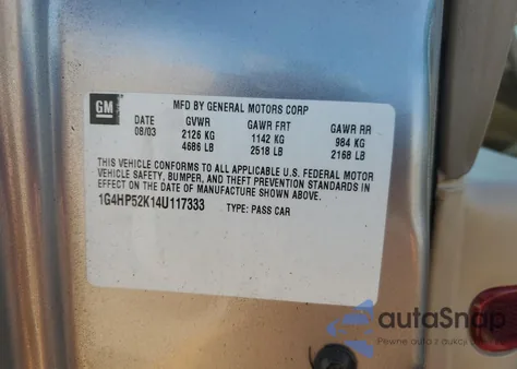 2004 Buick Lesabre Custom from USA, damaged, VIN 1G4HP52K14U117333